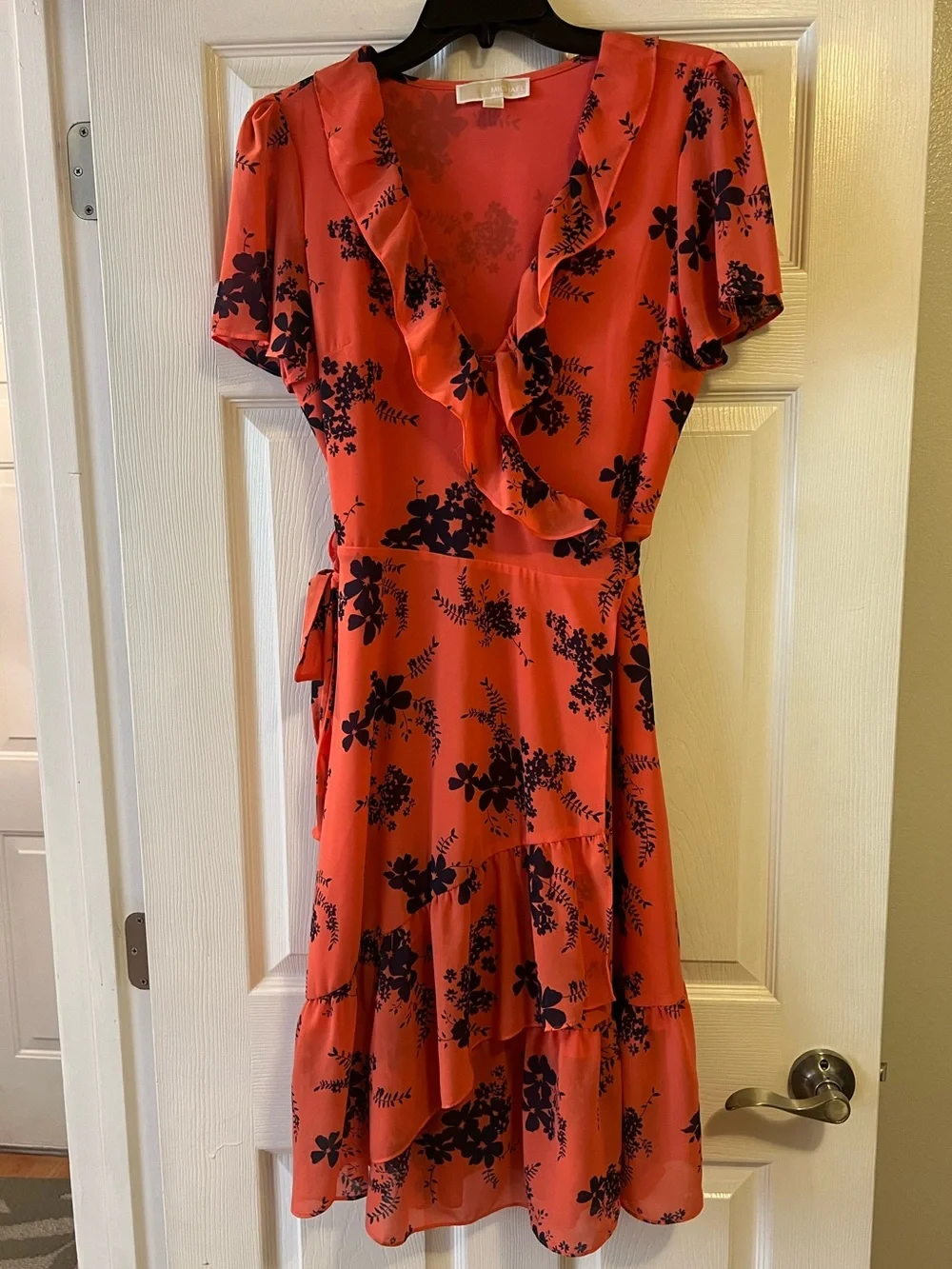 Michael Kor’s Coral Red Floral Ruffle Wrap Dress- Size Medium